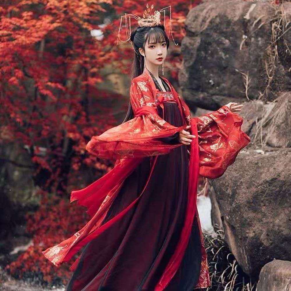 red chinese hanfu dress Red Hot Stamping Embroidery Women's Classic Hanfu Dress Full Set