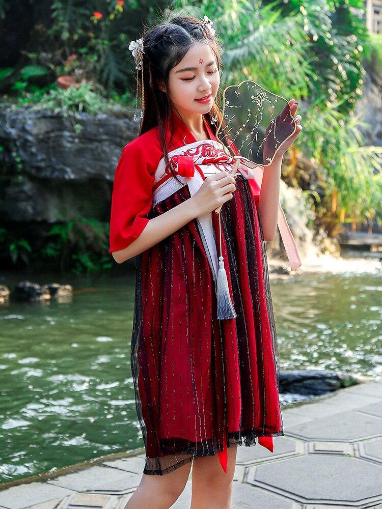 hanfu dress short Francoix - Chinese Hanfu Set Of 3: Embroidered Long-Sleeve Short Coat + Embroidered Tank Top + Print Semi-Body Short Dress