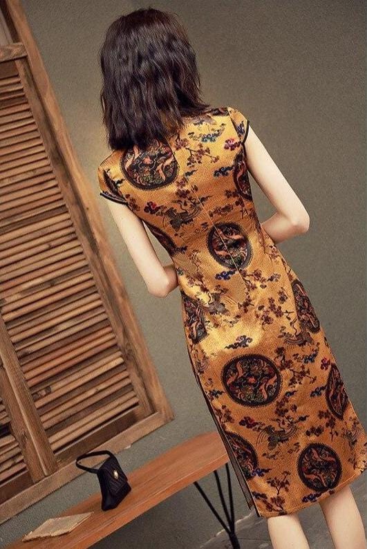 oriental dress short Women Gold Dragon Short Qipao Dress Chinese Traditional Silk Satin Cheongsam