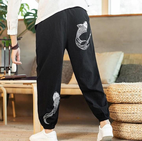 Vintage Solid Color Elastic Waist Wide Leg Pants Chinese Style Dragon  Embroidery Trousers Pleated Women Cool Trouse  Wide leg pants Trousers  women Chinese style